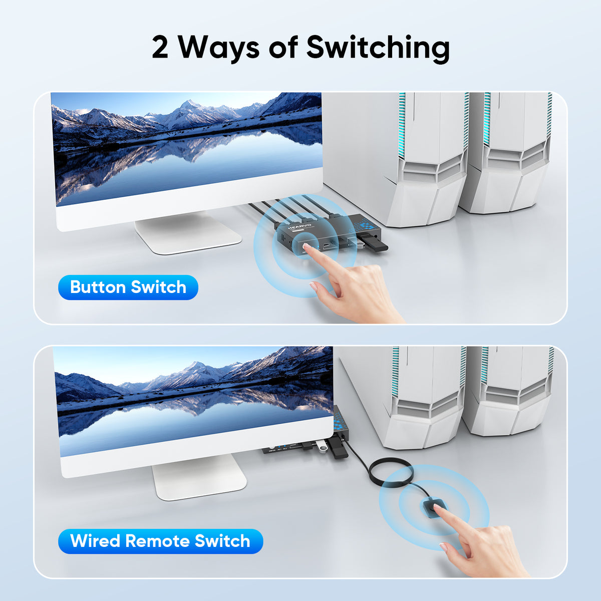 Hearvo USB 3.0 HDMI KVM Switch 1 Monitor 2 Computers, 4K@60Hz KVM Switches for 2 Computers Sharing Monitor Keyboard Mouse Hard Drives Printer, with EDID Adaptive, 2 USB Cables and Controller - S7232H