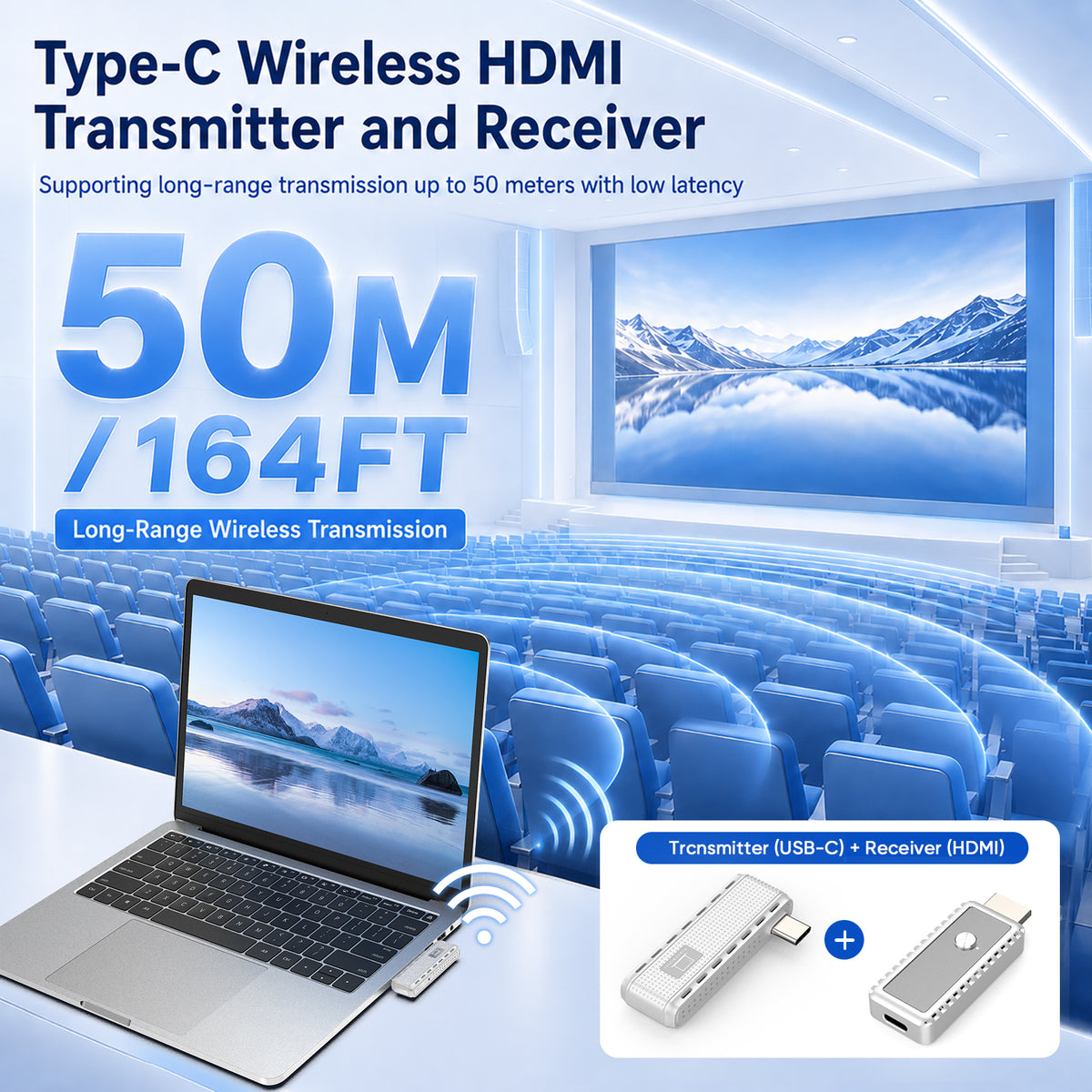 USB-C Wireless HDMI Transmitter and Receiver, 164FT/50M Plug & Play