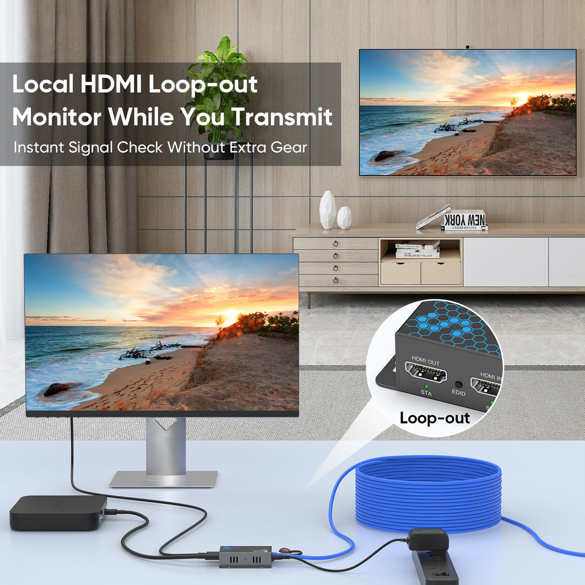 4K HDMI Extender Over Ethernet, 230FT, PoC, IR, Loop Out -HT275 4K 30Hz to 131FT or 1080P 60Hz to 230FT over Cat6/Cat7 with EDID, transmitter and receiver for home and professional AV