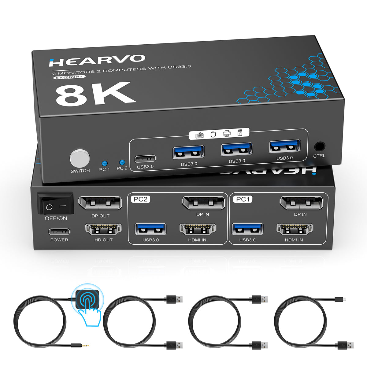 Hearvo 8K@60Hz HDMI KVM Switch for 2 Computers 2 Monitors, Dual Monitor KVM Switch with EDID Adaptive, Keyboard/Mouse/Printer Sharing, Includes 2 USB Cables & Controller -S7229H2